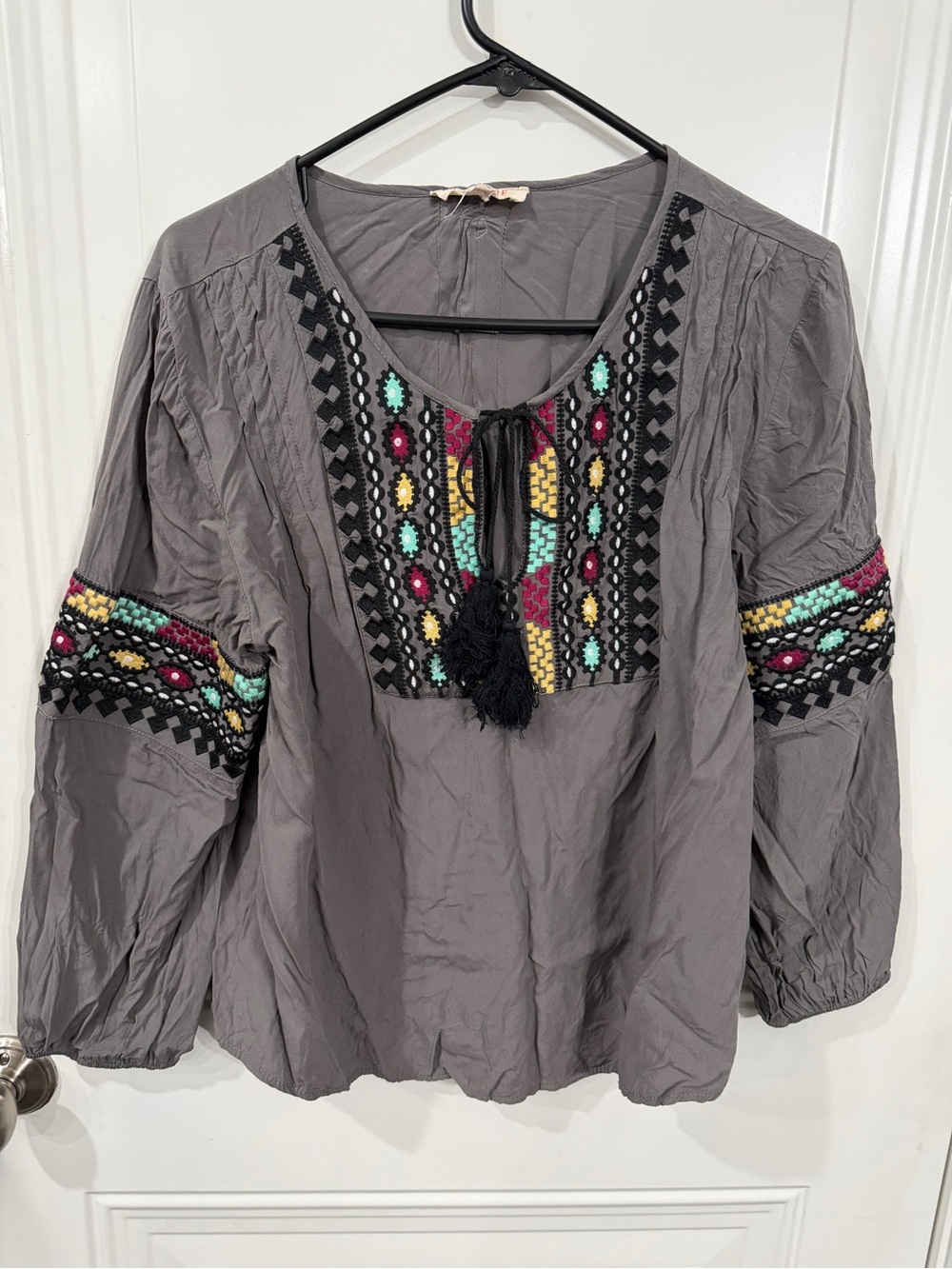 Embroidered Gray Peasant Blouse with Multicolor Accents